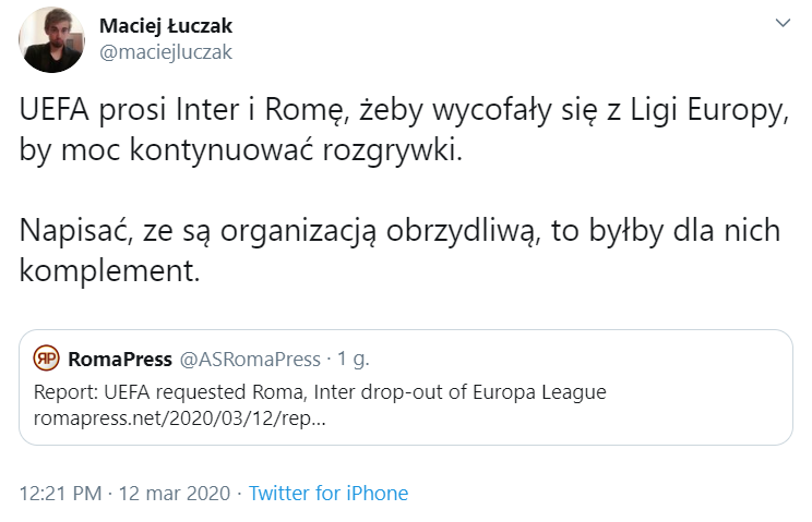 OBRZYDLIWA prośba UEFA do Interu i AS Romy...